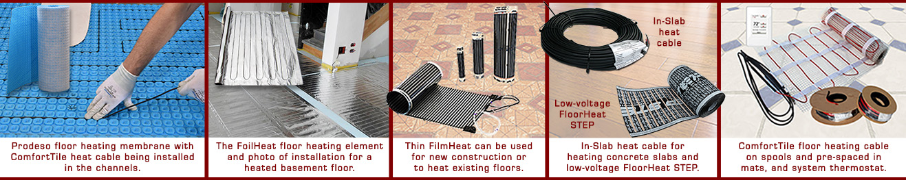 Different types of radiant floor heating systems and components.